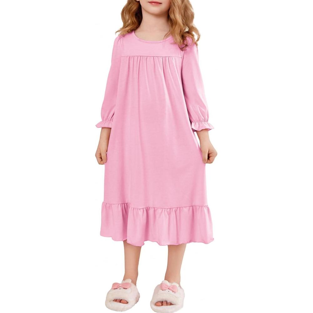 imageArshiner Girls Nightgowns Long Sleeve Pajama Dress Cute Ruffle Sleepwear Soft Night GownsPink