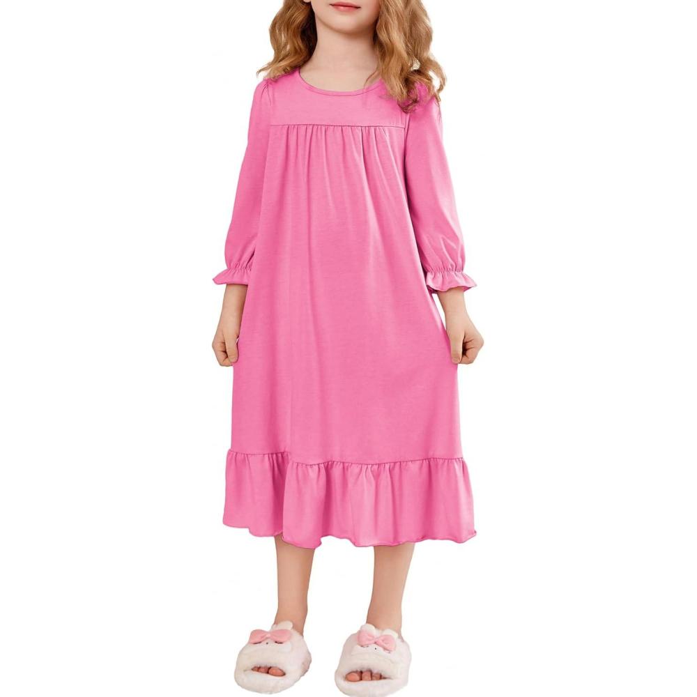 imageArshiner Girls Nightgowns Long Sleeve Pajama Dress Cute Ruffle Sleepwear Soft Night GownsRose Red