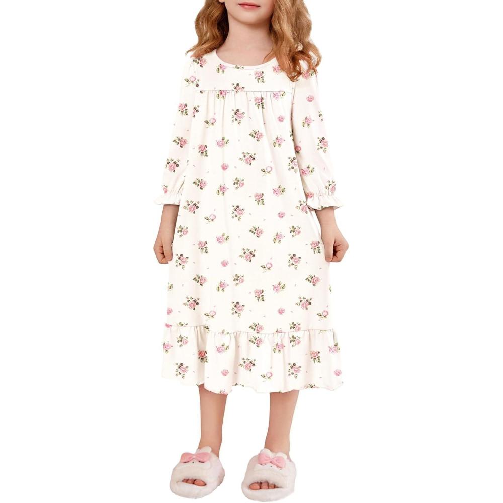 imageArshiner Girls Nightgowns Long Sleeve Pajama Dress Cute Ruffle Sleepwear Soft Night GownsWhite Flowers