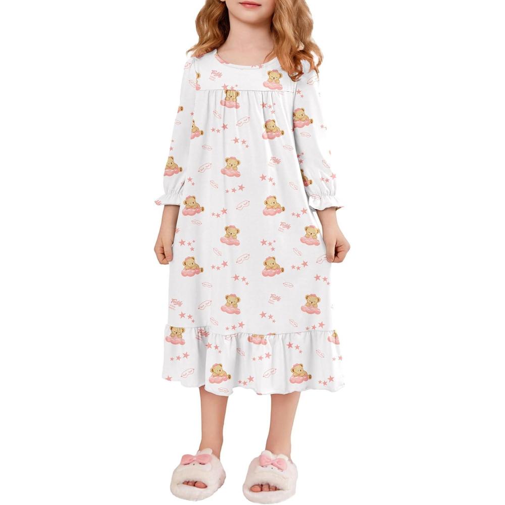imageArshiner Girls Nightgowns Long Sleeve Pajama Dress Cute Ruffle Sleepwear Soft Night GownsWhite Teddy