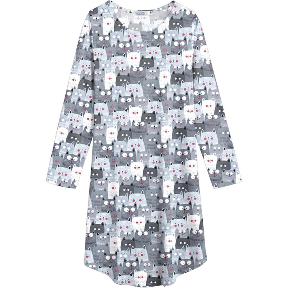 imageArshiner Girls Nightgowns Long Sleeve Print Pajamas Nightdress for Kids Soft Sleep Wear NightiesBlack White Cat