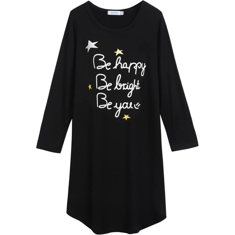 imageArshiner Girls Nightgowns Long Sleeve Print Pajamas Nightdress for Kids Soft Sleep Wear NightiesBlackLetter Graphic