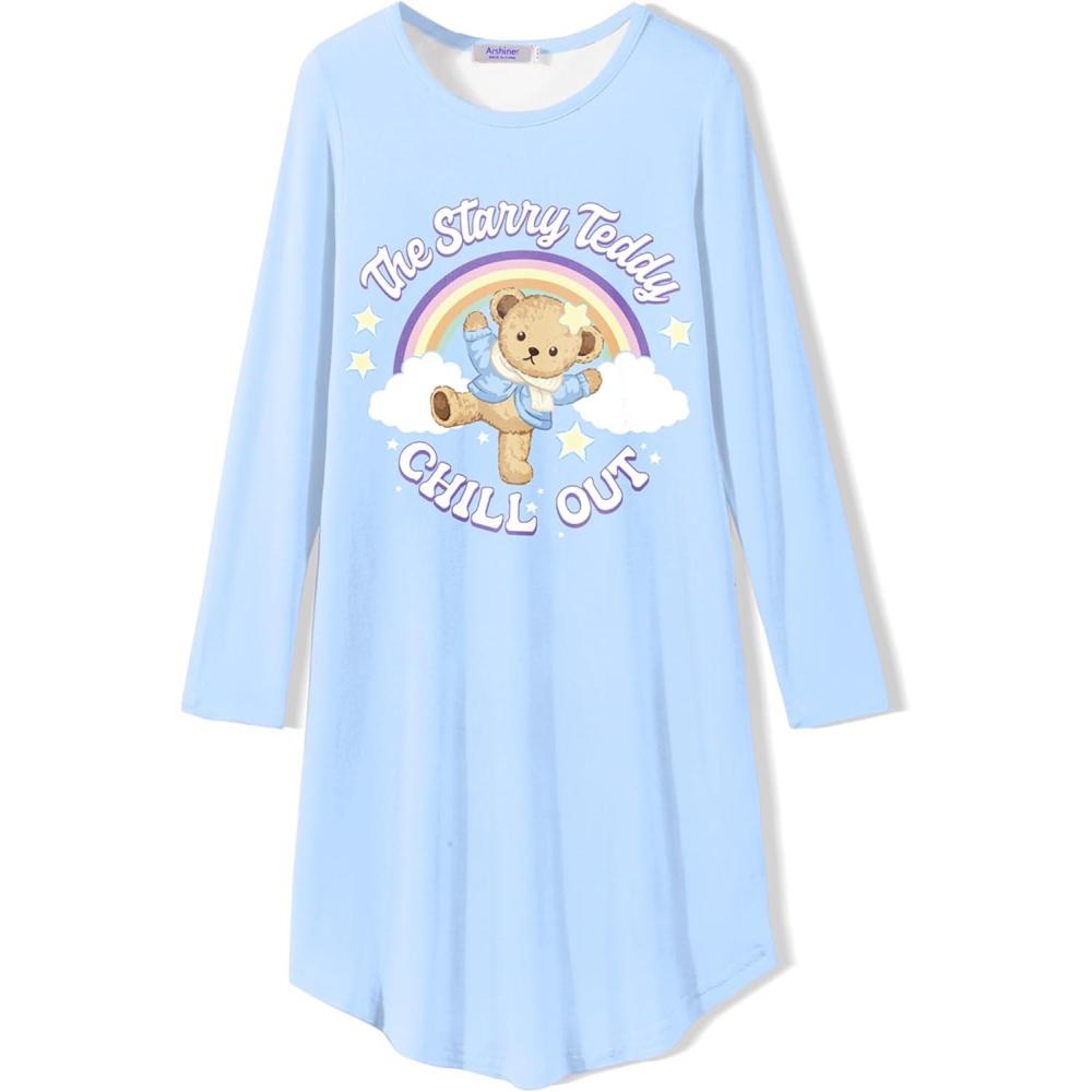 imageArshiner Girls Nightgowns Long Sleeve Print Pajamas Nightdress for Kids Soft Sleep Wear NightiesBlue Teddy
