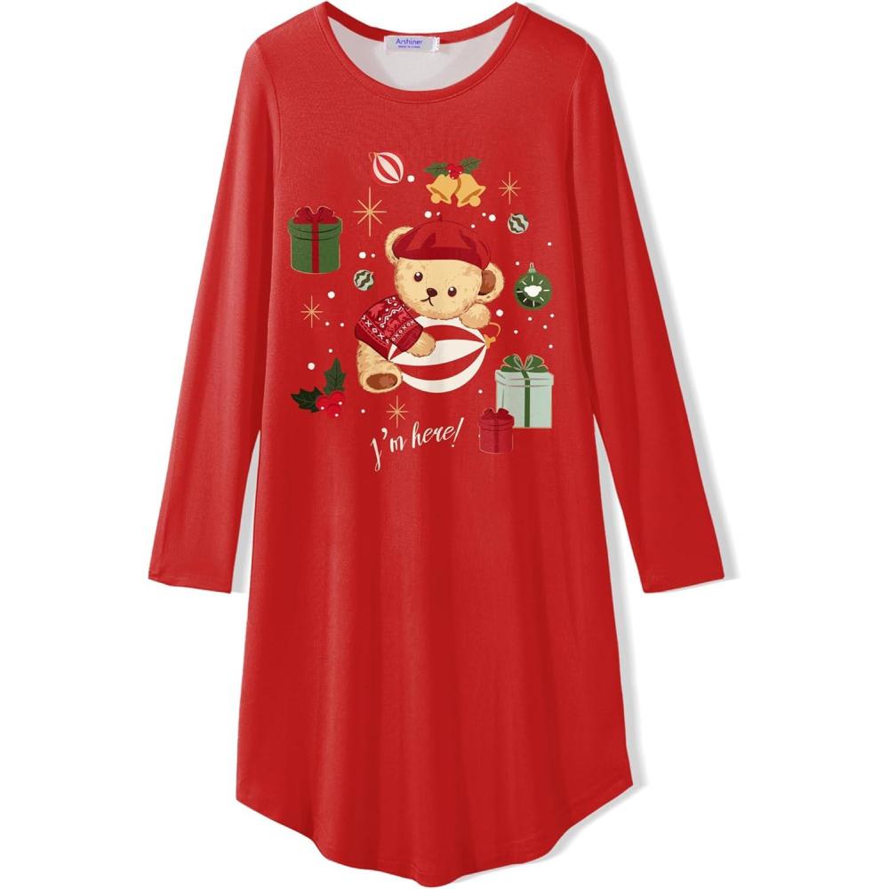 imageArshiner Girls Nightgowns Long Sleeve Print Pajamas Nightdress for Kids Soft Sleep Wear NightiesChristmas Teddy