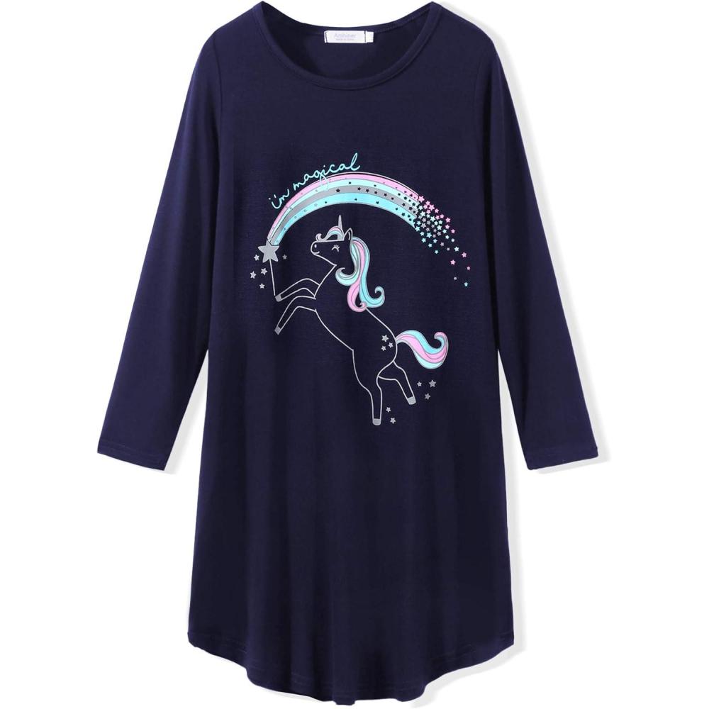 imageArshiner Girls Nightgowns Long Sleeve Print Pajamas Nightdress for Kids Soft Sleep Wear NightiesNavy BlueUnicorn