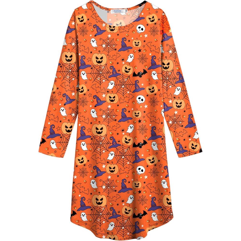 imageArshiner Girls Nightgowns Long Sleeve Print Pajamas Nightdress for Kids Soft Sleep Wear NightiesOrange Halloween