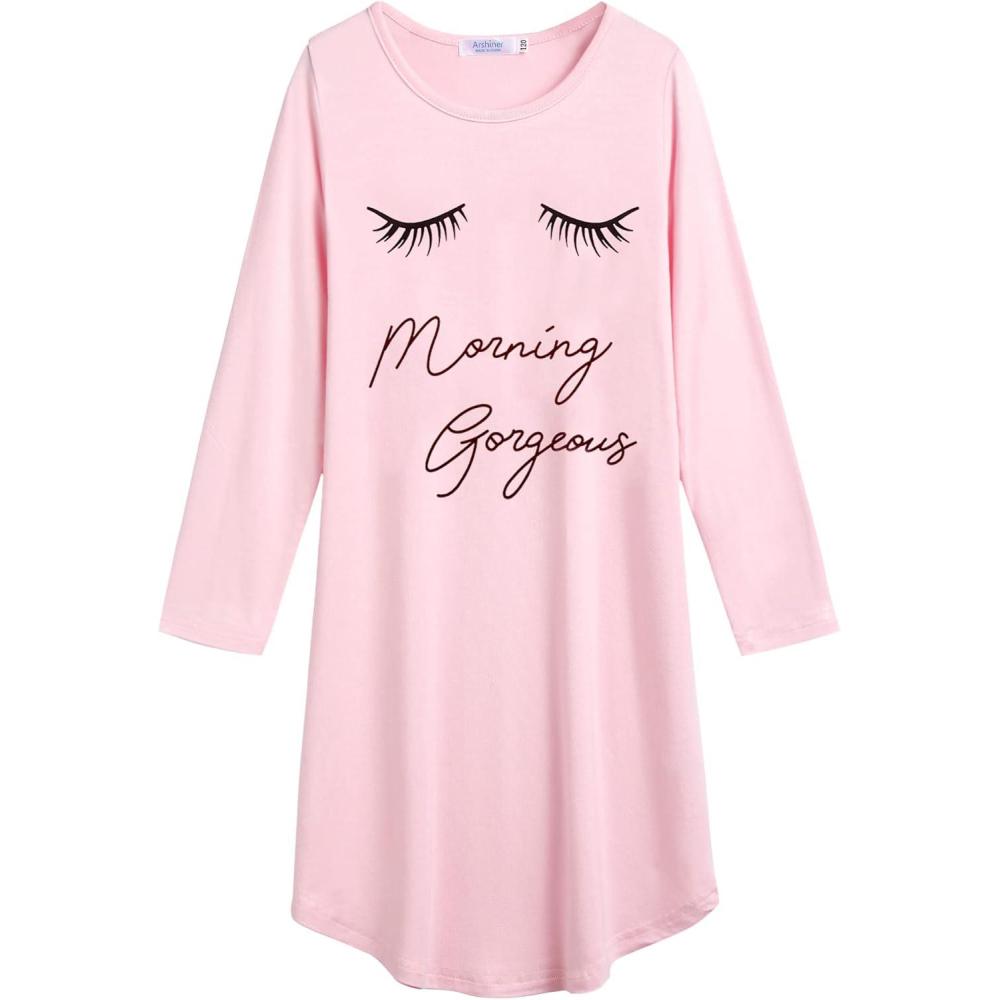 imageArshiner Girls Nightgowns Long Sleeve Print Pajamas Nightdress for Kids Soft Sleep Wear NightiesPink Eyelash