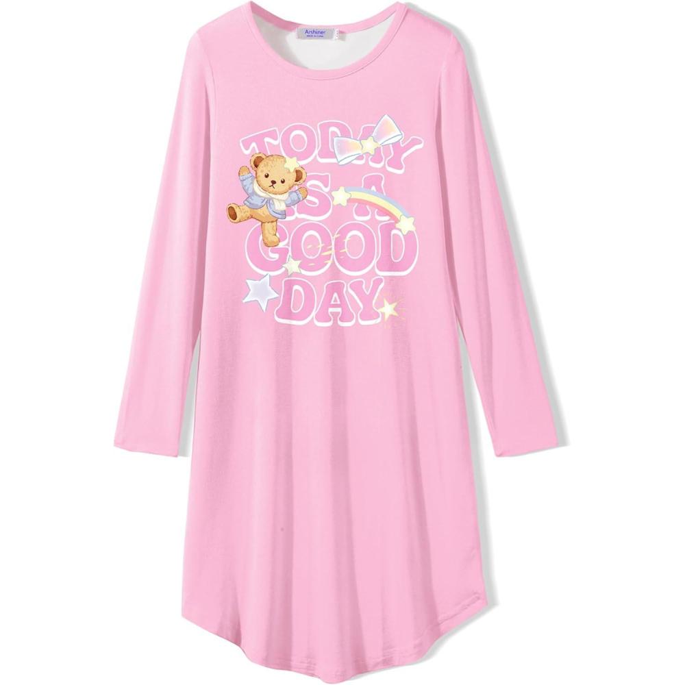 imageArshiner Girls Nightgowns Long Sleeve Print Pajamas Nightdress for Kids Soft Sleep Wear NightiesPink Teddy