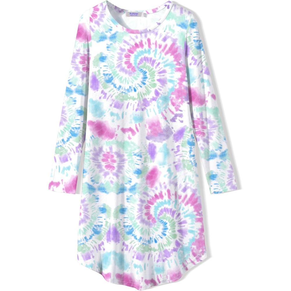 imageArshiner Girls Nightgowns Long Sleeve Print Pajamas Nightdress for Kids Soft Sleep Wear NightiesPurple Tie Dye