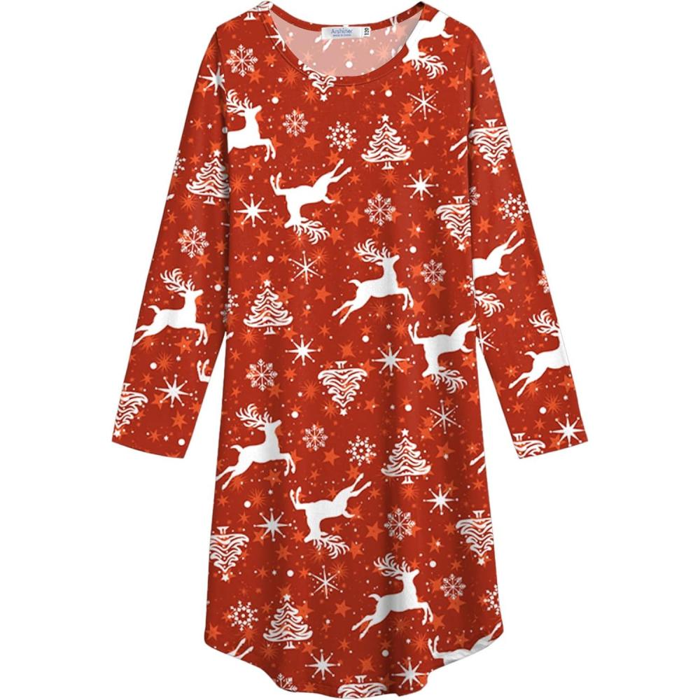 imageArshiner Girls Nightgowns Long Sleeve Print Pajamas Nightdress for Kids Soft Sleep Wear NightiesRed Christmas