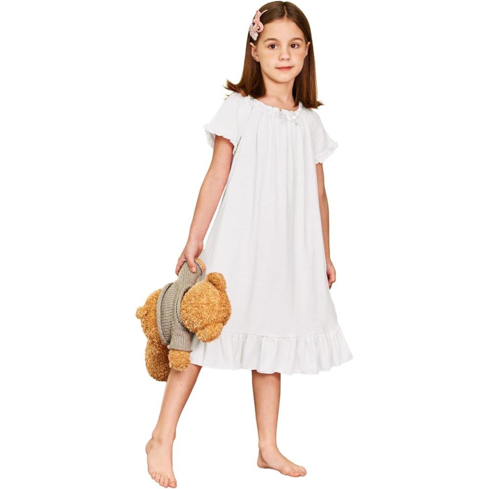 imageArshiner Girls Nightgowns Sleepwear Short Sleeve Victorian Pajama Dress Soft Princess Sleepshirt for 312 Years Kids0white