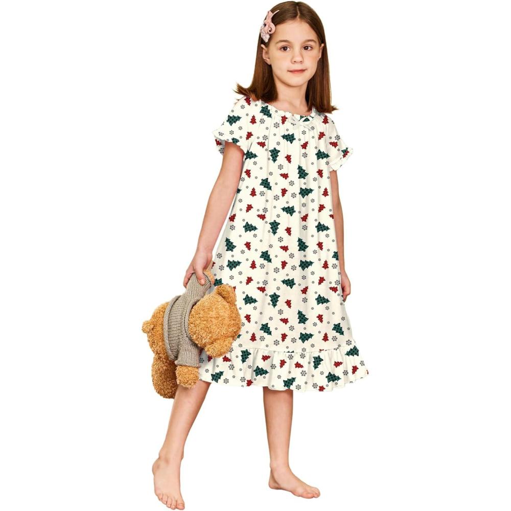 imageArshiner Girls Nightgowns Sleepwear Short Sleeve Victorian Pajama Dress Soft Princess Sleepshirt for 312 Years KidsChristmas Tree