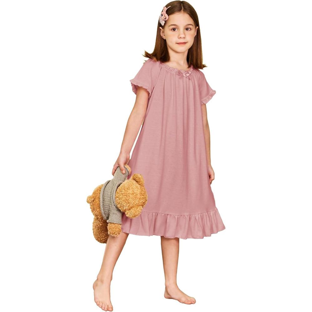 imageArshiner Girls Nightgowns Sleepwear Short Sleeve Victorian Pajama Dress Soft Princess Sleepshirt for 312 Years KidsOrange Pink