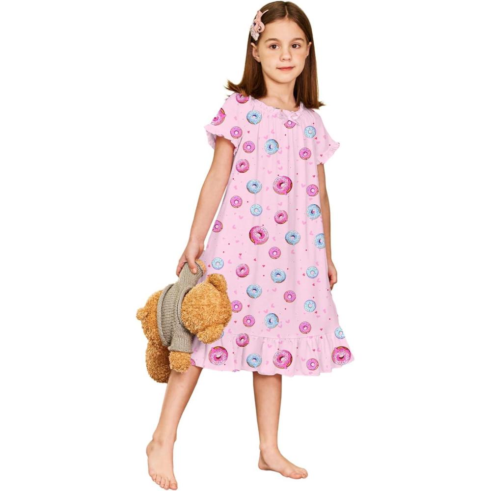 imageArshiner Girls Nightgowns Sleepwear Short Sleeve Victorian Pajama Dress Soft Princess Sleepshirt for 312 Years KidsPink Donut
