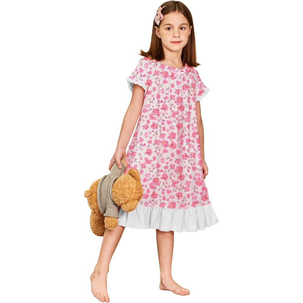 imageArshiner Girls Nightgowns Sleepwear Short Sleeve Victorian Pajama Dress Soft Princess Sleepshirt for 312 Years KidsPink Flower