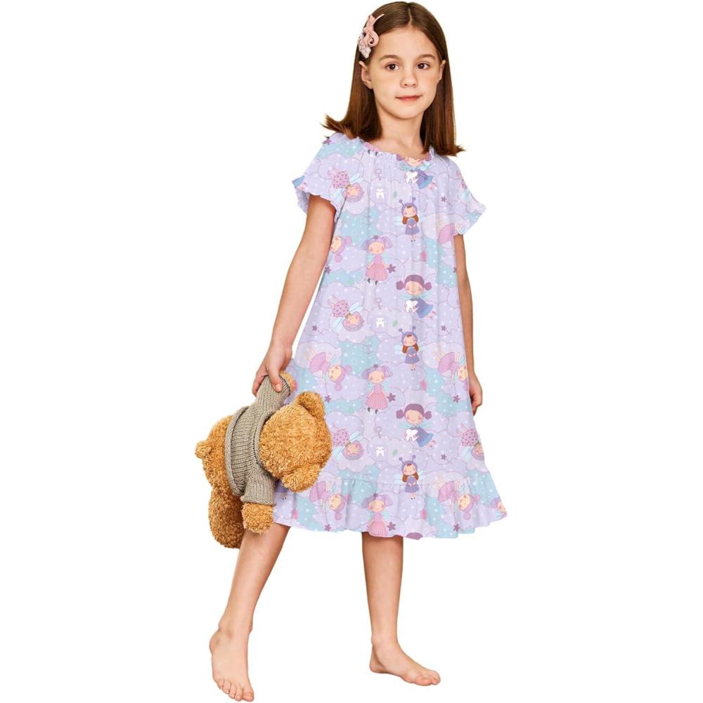 imageArshiner Girls Nightgowns Sleepwear Short Sleeve Victorian Pajama Dress Soft Princess Sleepshirt for 312 Years KidsPurple Cloud Elf
