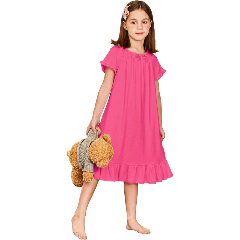 imageArshiner Girls Nightgowns Sleepwear Short Sleeve Victorian Pajama Dress Soft Princess Sleepshirt for 312 Years KidsRose Red