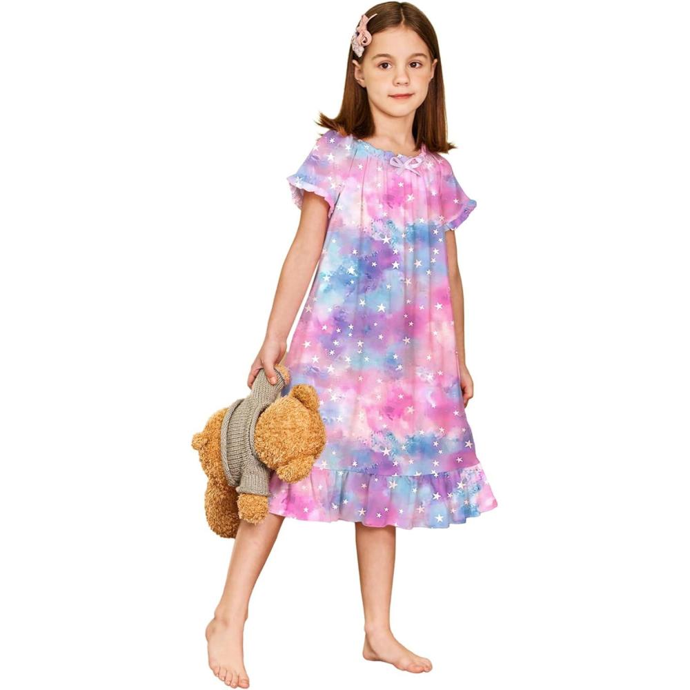imageArshiner Girls Nightgowns Sleepwear Short Sleeve Victorian Pajama Dress Soft Princess Sleepshirt for 312 Years KidsStar Tye Die