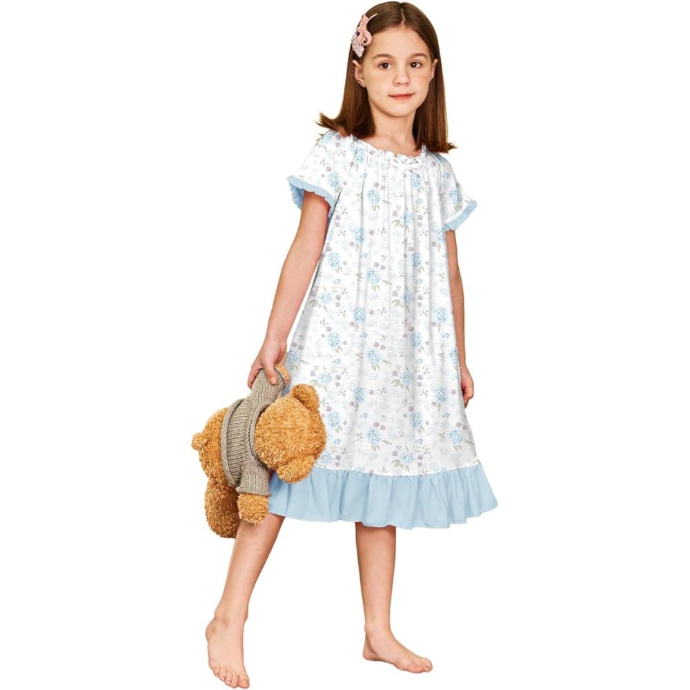 imageArshiner Girls Nightgowns Sleepwear Short Sleeve Victorian Pajama Dress Soft Princess Sleepshirt for 312 Years KidsWhite Flower