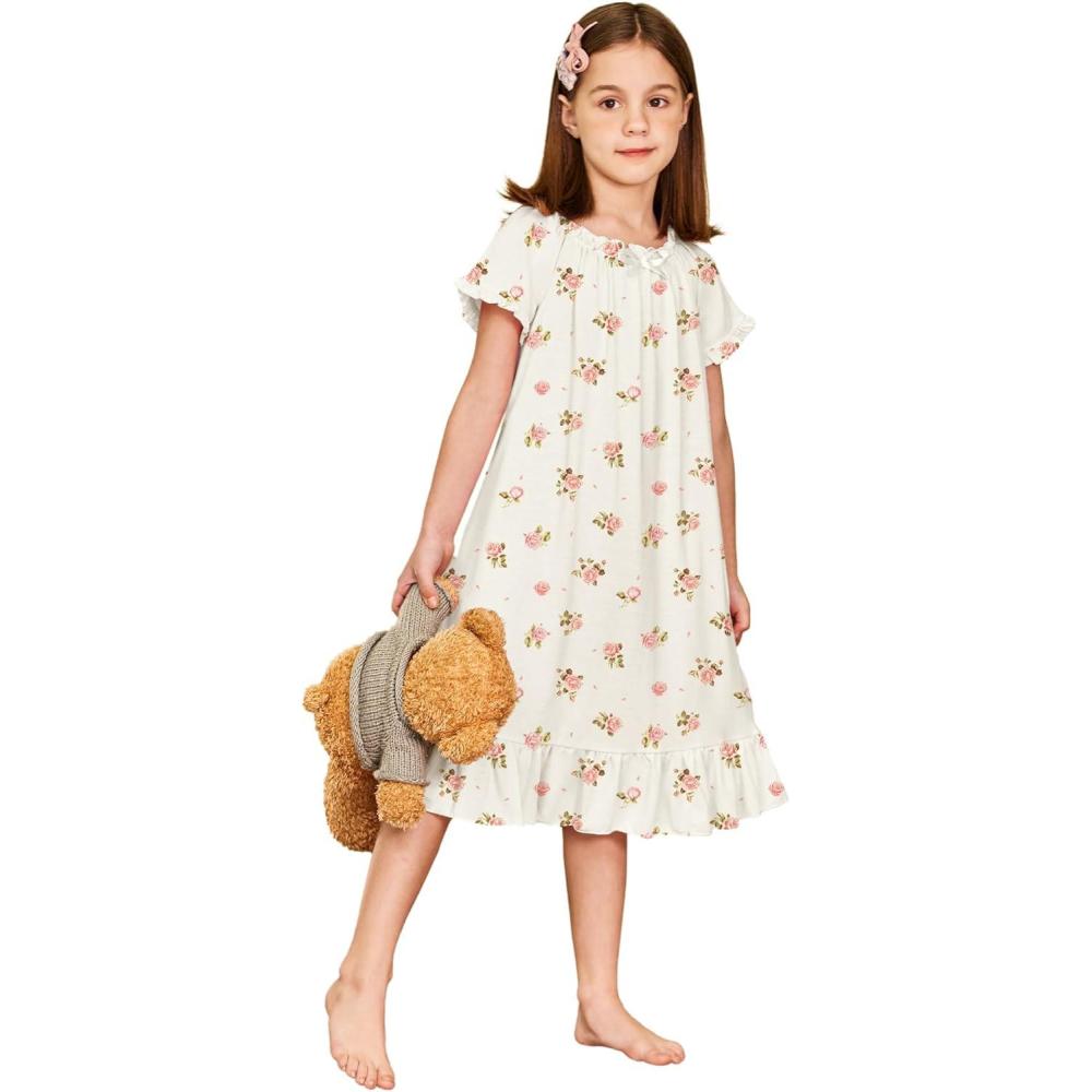 imageArshiner Girls Nightgowns Sleepwear Short Sleeve Victorian Pajama Dress Soft Princess Sleepshirt for 312 Years KidsWhite Print