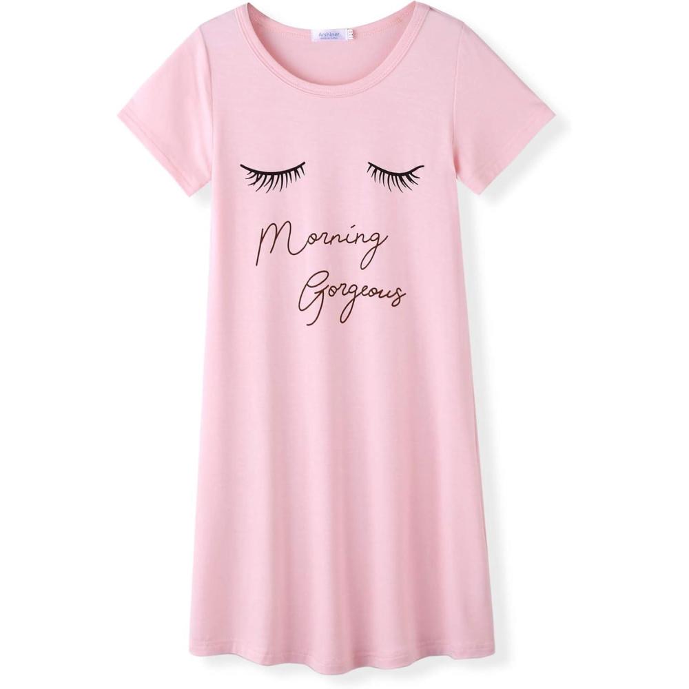 imageArshiner Girls Nightgowns Summer Soft Cute Cartoon Print Pajama Sleep Dress for Kids 412 YearsA Pastel Pink Eyelash