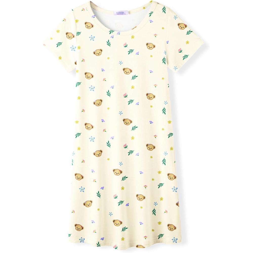 imageArshiner Girls Nightgowns Summer Soft Cute Cartoon Print Pajama Sleep Dress for Kids 412 YearsApricot Teddy