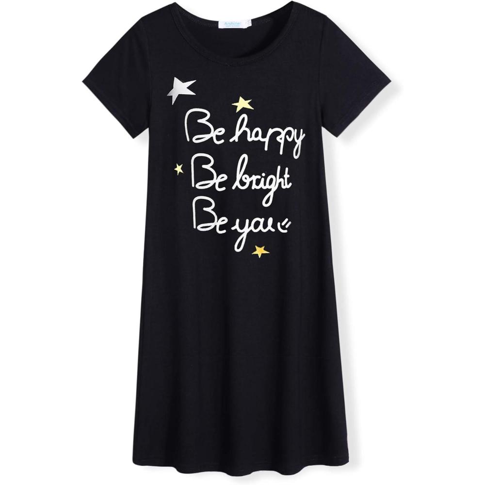 imageArshiner Girls Nightgowns Summer Soft Cute Cartoon Print Pajama Sleep Dress for Kids 412 YearsBlackLetter Graphic