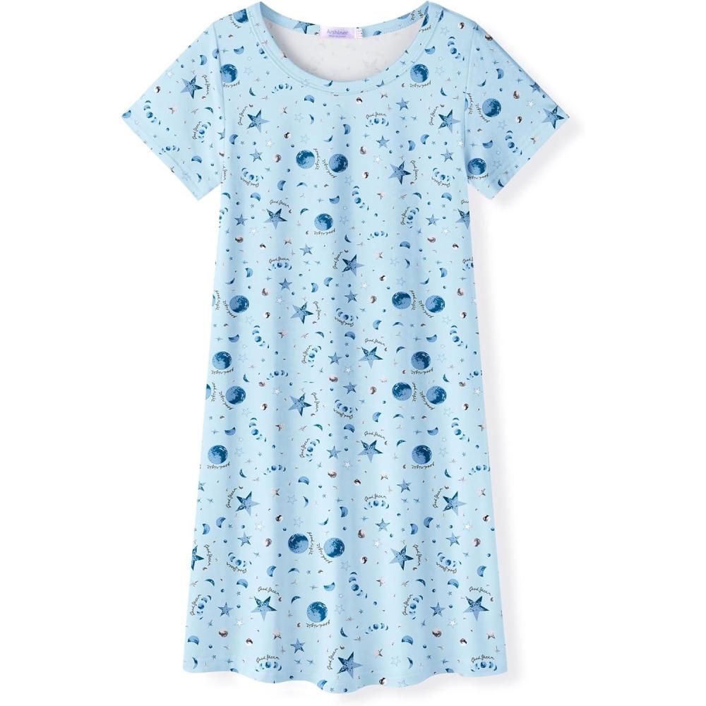 imageArshiner Girls Nightgowns Summer Soft Cute Cartoon Print Pajama Sleep Dress for Kids 412 YearsBlue Star