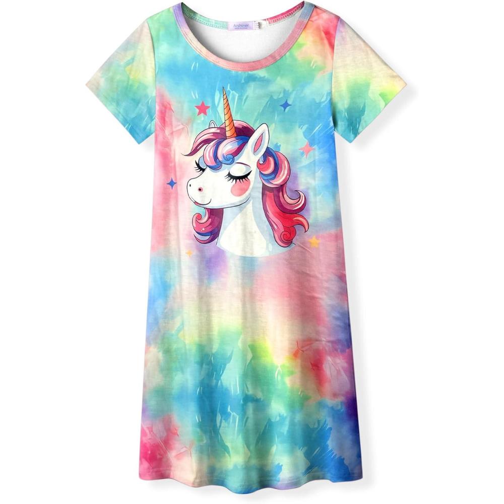 imageArshiner Girls Nightgowns Summer Soft Cute Cartoon Print Pajama Sleep Dress for Kids 412 YearsColorful Tiedye