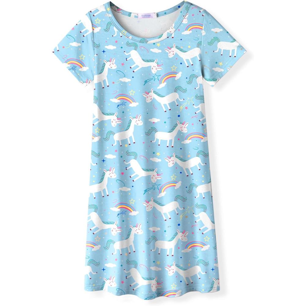 imageArshiner Girls Nightgowns Summer Soft Cute Cartoon Print Pajama Sleep Dress for Kids 412 YearsLight Blue Animal Print