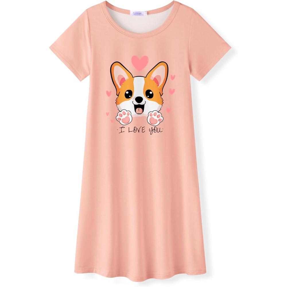 imageArshiner Girls Nightgowns Summer Soft Cute Cartoon Print Pajama Sleep Dress for Kids 412 YearsOrange Pink Dog