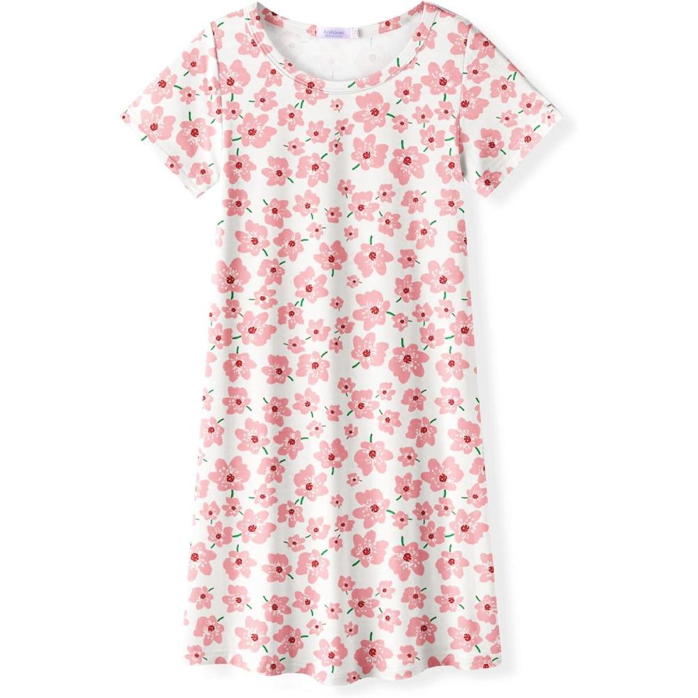 imageArshiner Girls Nightgowns Summer Soft Cute Cartoon Print Pajama Sleep Dress for Kids 412 YearsPeach Flower