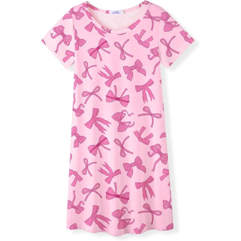 imageArshiner Girls Nightgowns Summer Soft Cute Cartoon Print Pajama Sleep Dress for Kids 412 YearsPink Bow