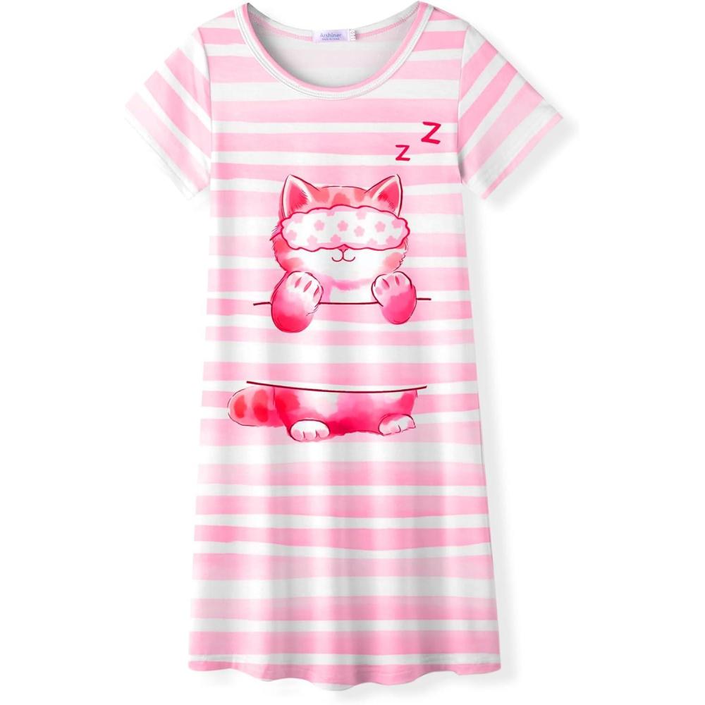 imageArshiner Girls Nightgowns Summer Soft Cute Cartoon Print Pajama Sleep Dress for Kids 412 YearsPink Cat