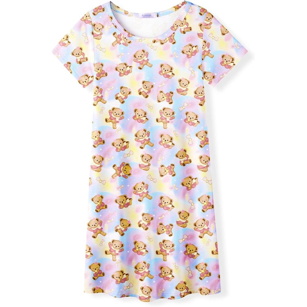 imageArshiner Girls Nightgowns Summer Soft Cute Cartoon Print Pajama Sleep Dress for Kids 412 YearsTie Dye Teddy