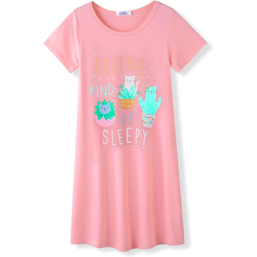 imageArshiner Girls Nightgowns Summer Soft Cute Cartoon Print Pajama Sleep Dress for Kids 412 YearsWatermelon RedPotted Cat