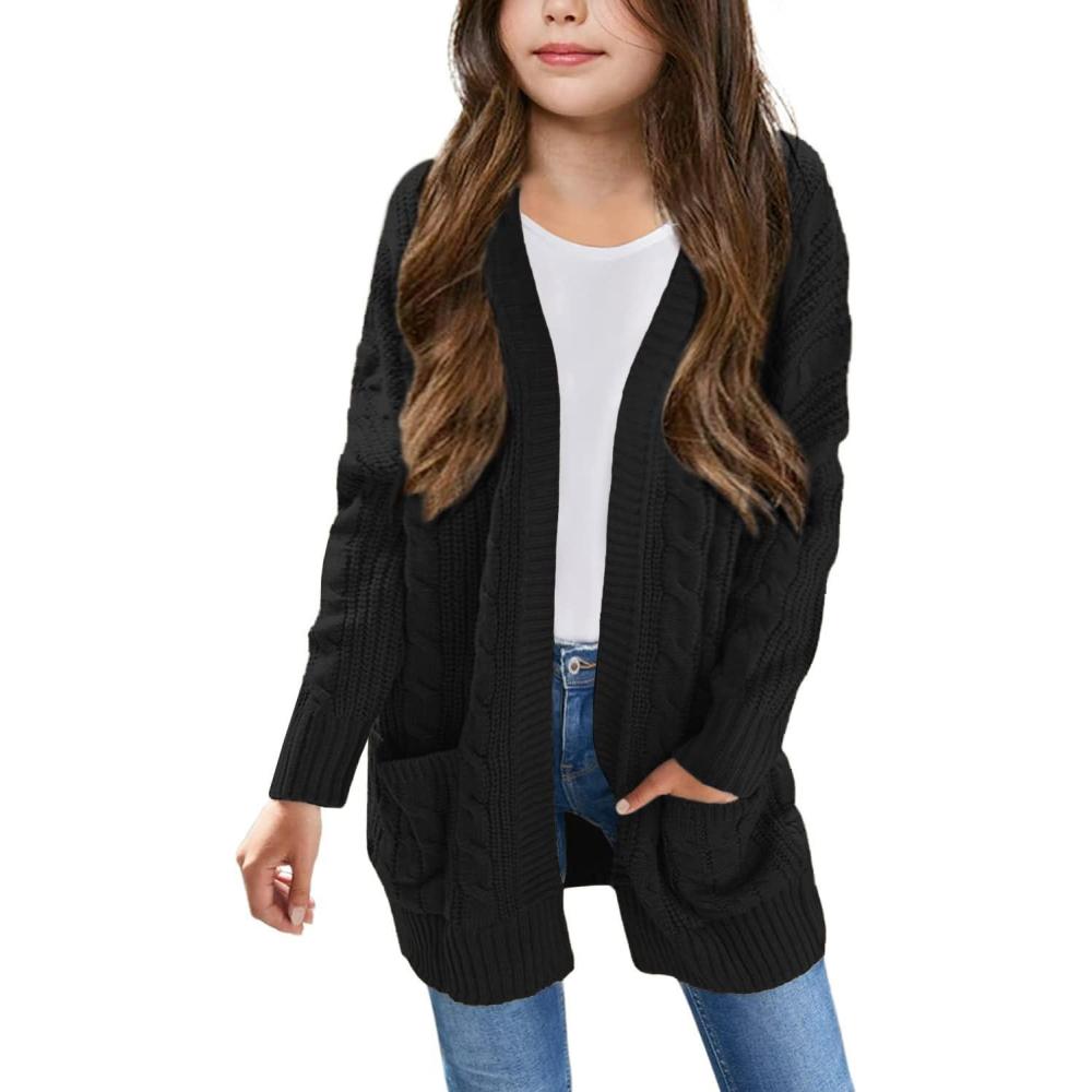 imageArshiner Girls Open Front Cardigan Long Sleeve Casual Kids Fall Clothes Solid Thick Chunky Sweater Coat with PocketsBlack
