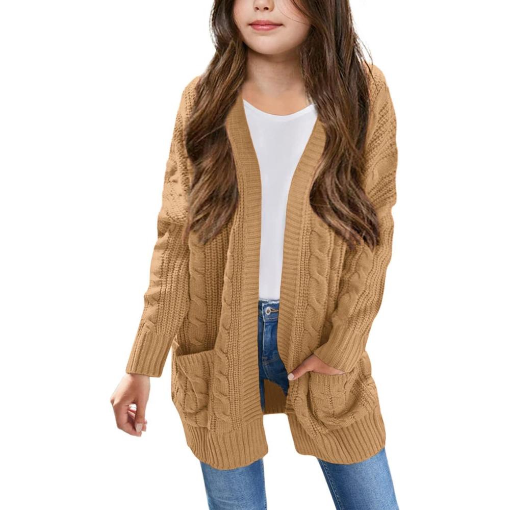 imageArshiner Girls Open Front Cardigan Long Sleeve Casual Kids Fall Clothes Solid Thick Chunky Sweater Coat with PocketsKhaki