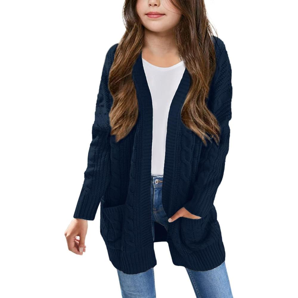 imageArshiner Girls Open Front Cardigan Long Sleeve Casual Kids Fall Clothes Solid Thick Chunky Sweater Coat with PocketsNavy Blue