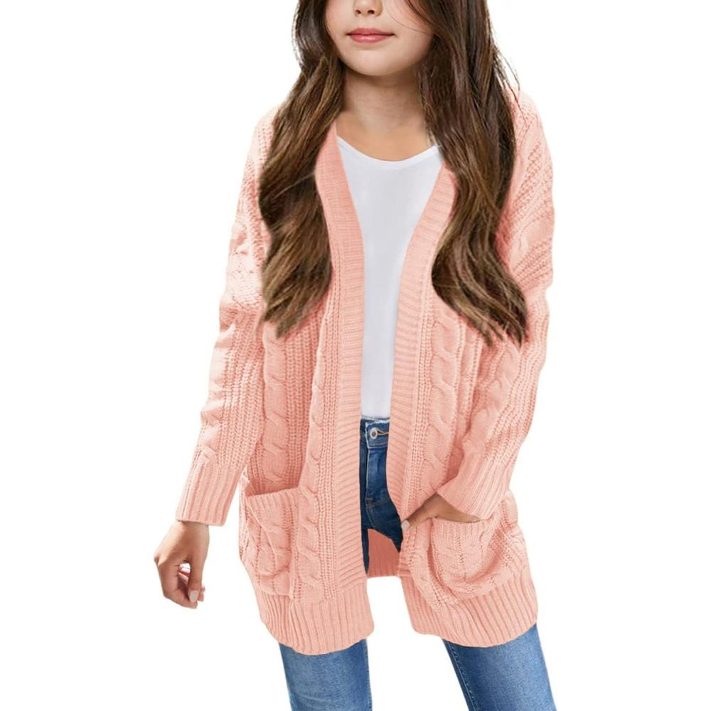 imageArshiner Girls Open Front Cardigan Long Sleeve Casual Kids Fall Clothes Solid Thick Chunky Sweater Coat with PocketsPink