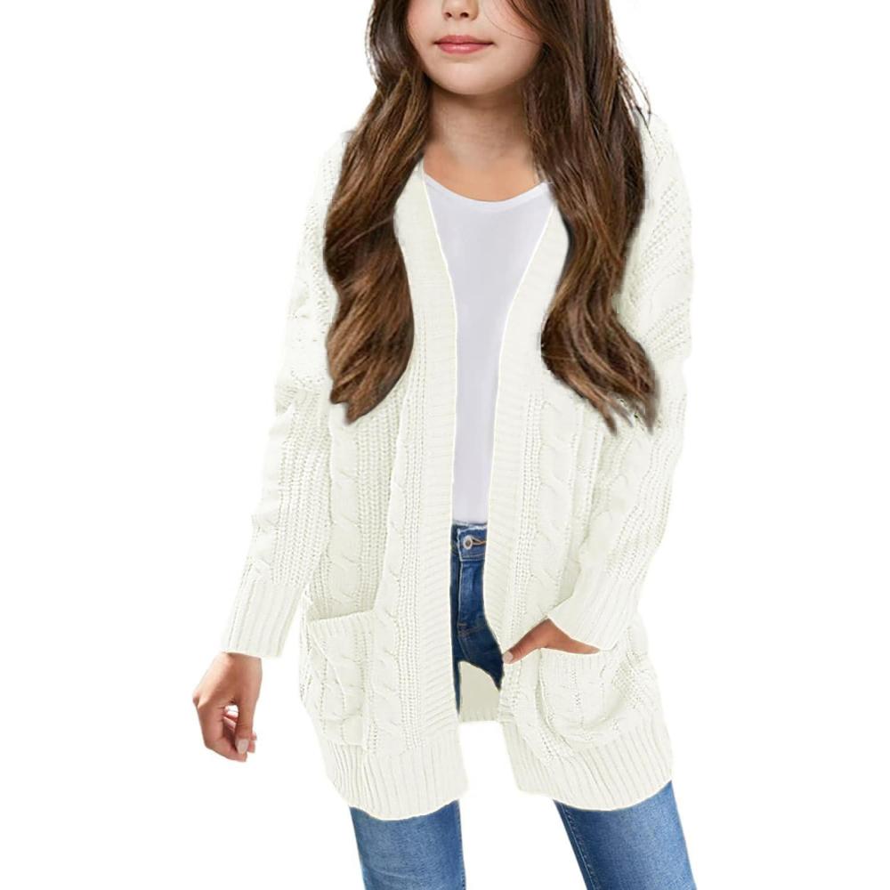 imageArshiner Girls Open Front Cardigan Long Sleeve Casual Kids Fall Clothes Solid Thick Chunky Sweater Coat with PocketsWhite