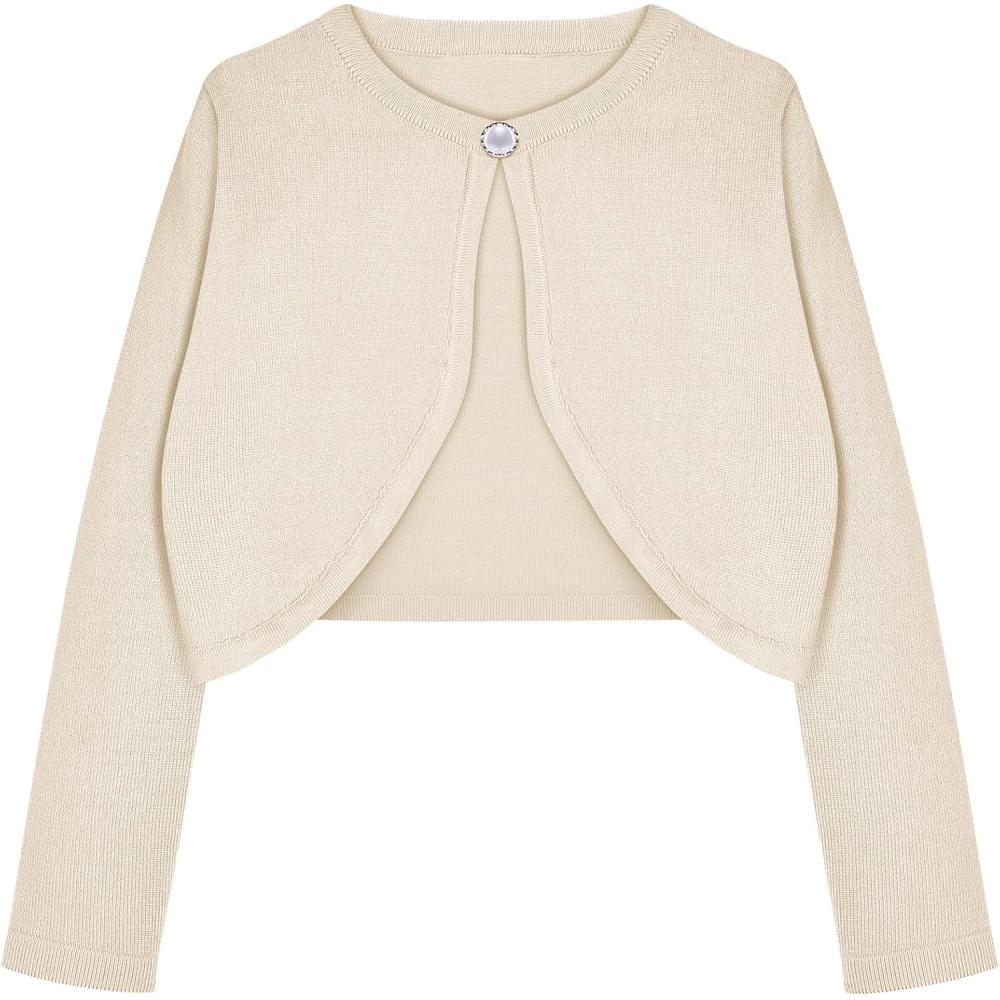 imageArshiner Girls Open Front Shrug Cardigan Kids Children Knit Long Sleeve Bolero with Button ClosureBeige