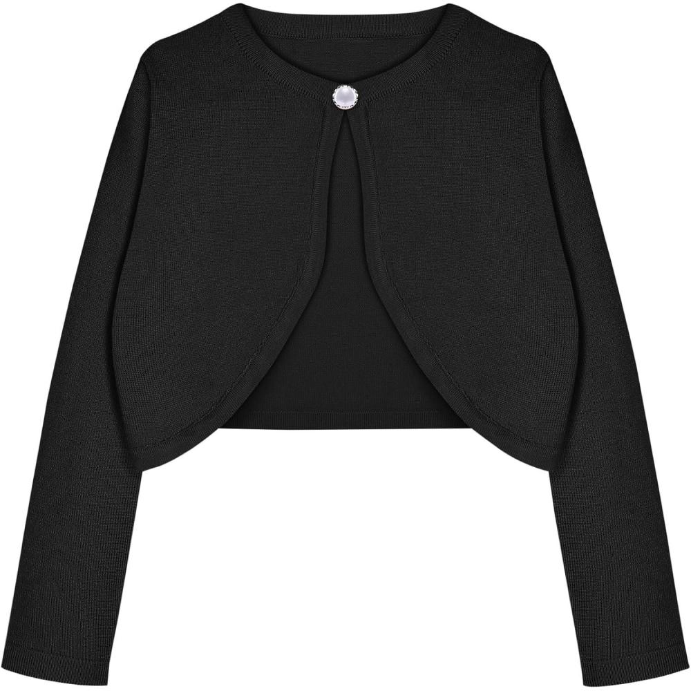 imageArshiner Girls Open Front Shrug Cardigan Kids Children Knit Long Sleeve Bolero with Button ClosureBlack