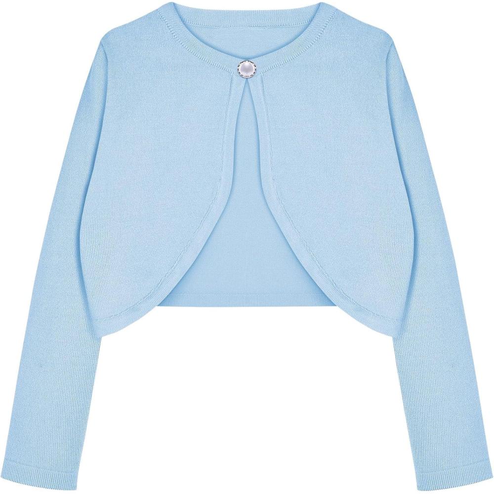imageArshiner Girls Open Front Shrug Cardigan Kids Children Knit Long Sleeve Bolero with Button ClosureLight Blue