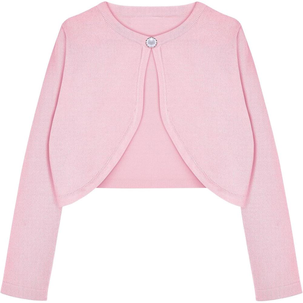 imageArshiner Girls Open Front Shrug Cardigan Kids Children Knit Long Sleeve Bolero with Button ClosureLight Pink