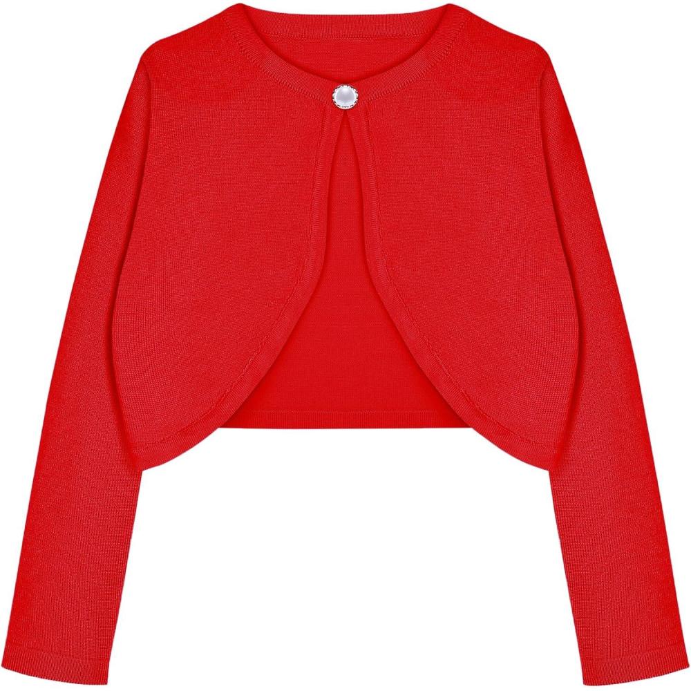 imageArshiner Girls Open Front Shrug Cardigan Kids Children Knit Long Sleeve Bolero with Button ClosureRed