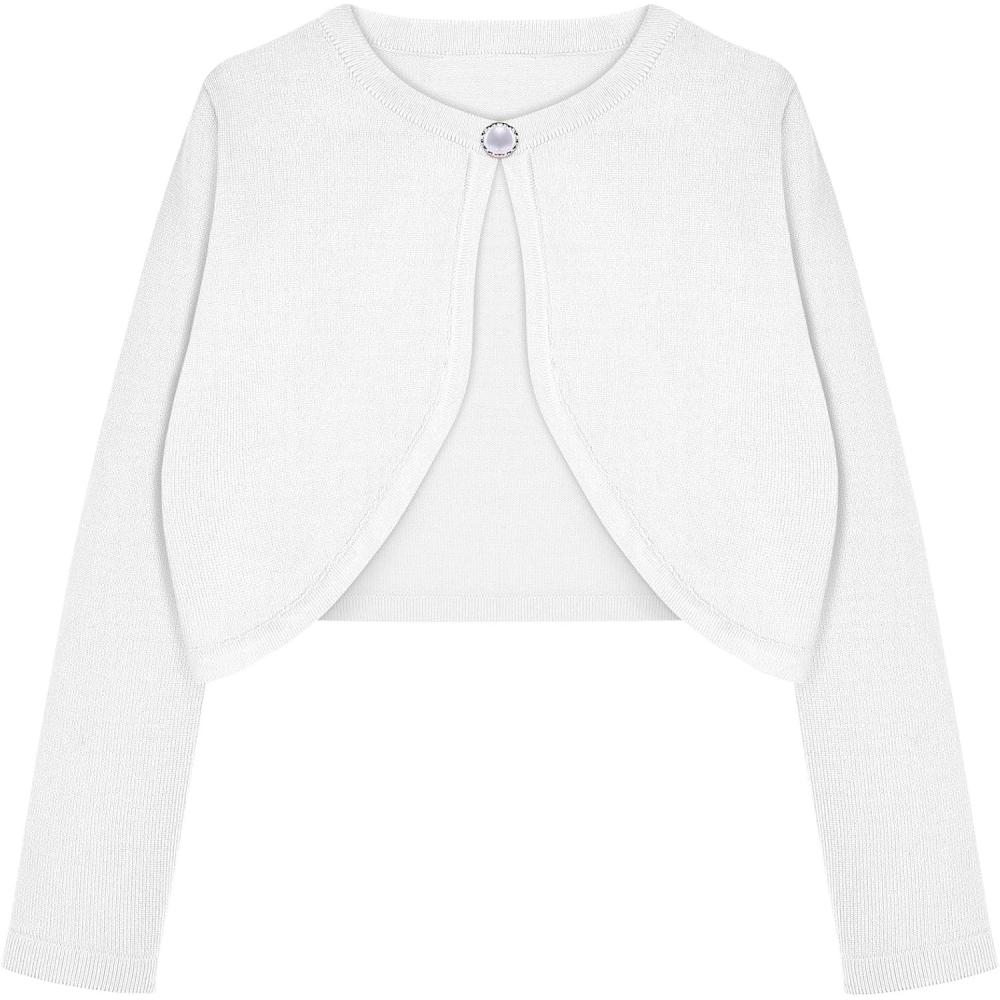 imageArshiner Girls Open Front Shrug Cardigan Kids Children Knit Long Sleeve Bolero with Button ClosureWhite