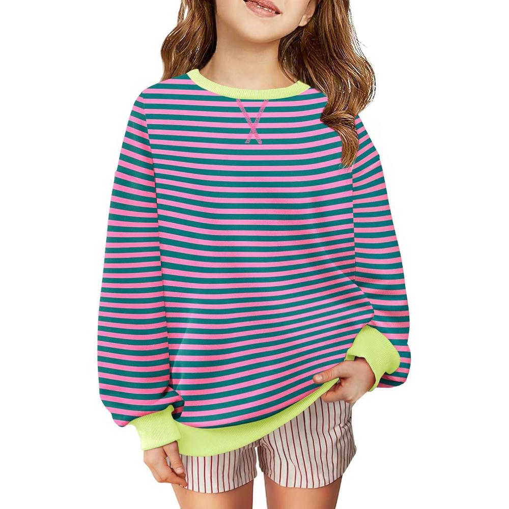 imageArshiner Girls Oversized Striped Crewneck Sweatshirt Long Sleeve Color Block Pullover Tops Fall Casual Clothes 514 YearsBlue Pink Stripe