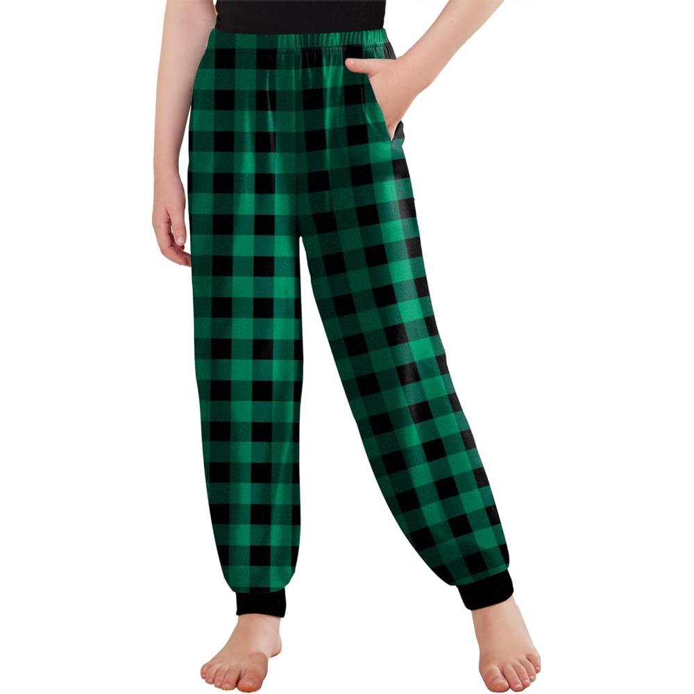 imageArshiner Girls Pajama Pants Kids Plaid Pj Pants Comfy Lounge Sleepwear Bottoms with PocketsPlaidgreen Black
