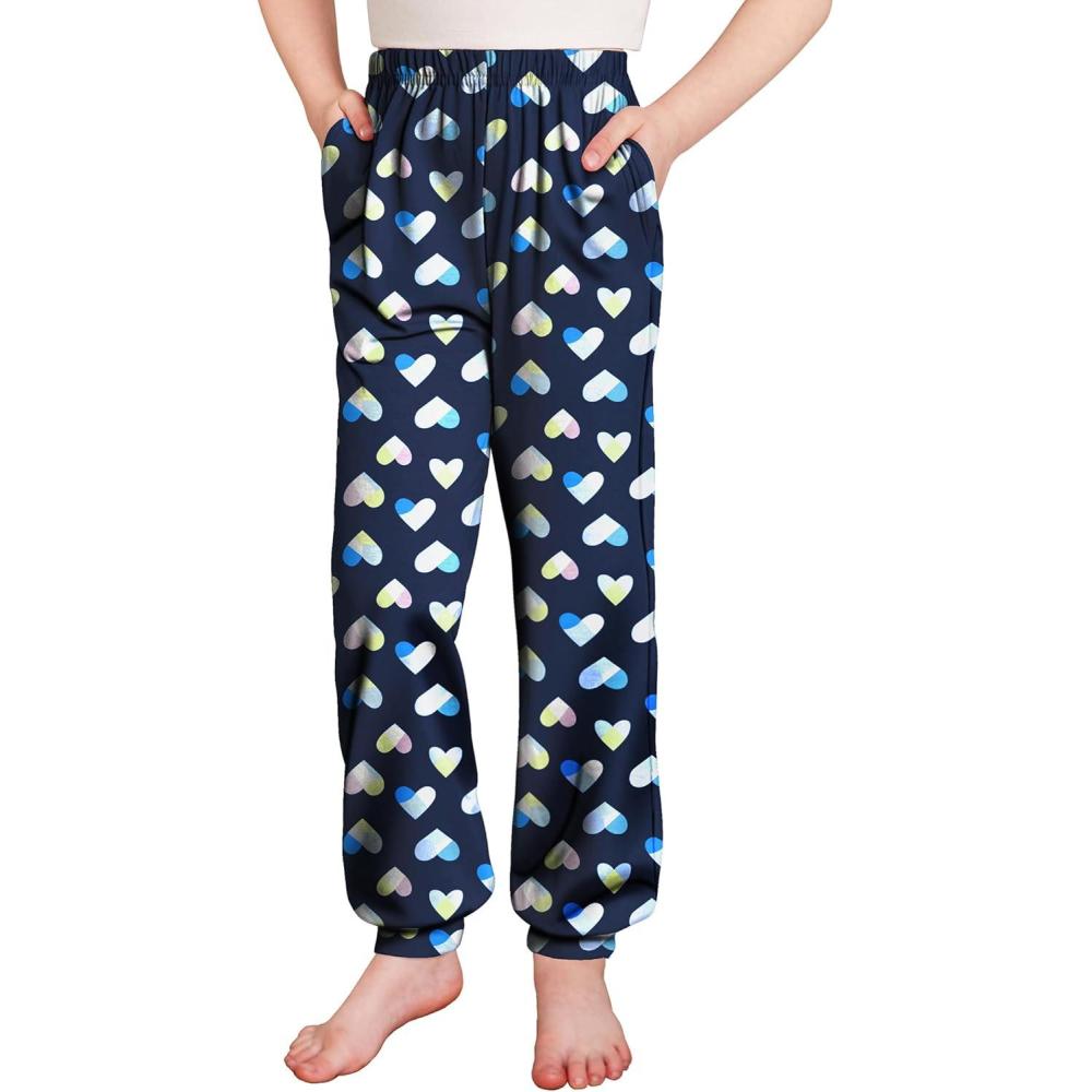 imageArshiner Girls Pajama Pants Kids Plaid Pj Pants Comfy Lounge Sleepwear Bottoms with PocketsPrintedcolorful Hearts on Dark Blue